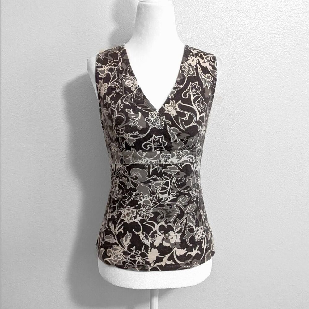 2000s Sonoma Brown Floral Boho Paisley Print Golden Beaded Babydoll Top | Size S